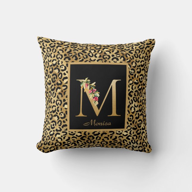 Coussin Léopard moderne personnalisé Monogramme M initial (Recto)
