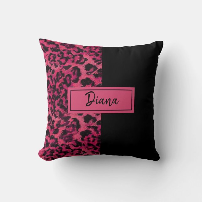 Coussin Léopard projeté rose et noir brillant (Recto)