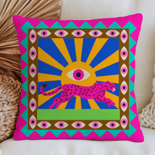 Coussin Léopard Rose Rayons de Soleil Jaunes Rétro Yeux Mé