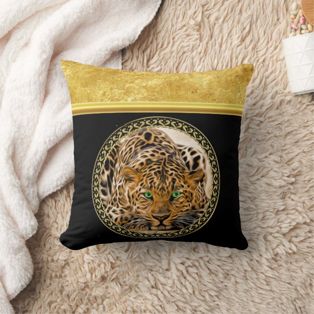 Coussin Léopard vert à peau tachetée feuille d'or (Couverture)