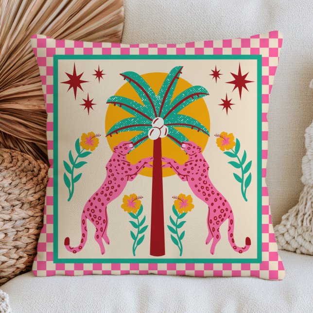 Coussin Léopards d'art populaire avec damier arbre palmier (Créateur téléchargé)