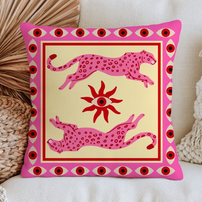 Coussin Léopards roses & Mauvais Œil Dopamine Déco Funky (Créateur téléchargé)