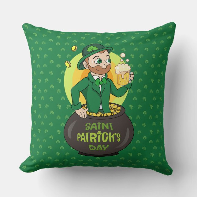 Coussin Leprechaun de dessin dans une casserole d'or tenan (Recto)