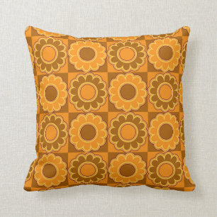 Coussin les années 1970 rétro brun et orange de flower