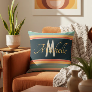 Coussin les années 70 vintages rayures rose et bleu monogr