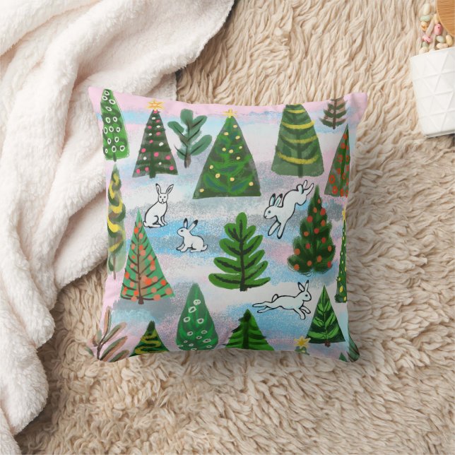 Coussin Les arbres de Noël et les lièvres à neige jettent  (Couverture)