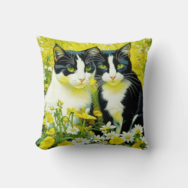 Coussin Les chats adorables assis dans un champ de marguer (Recto)