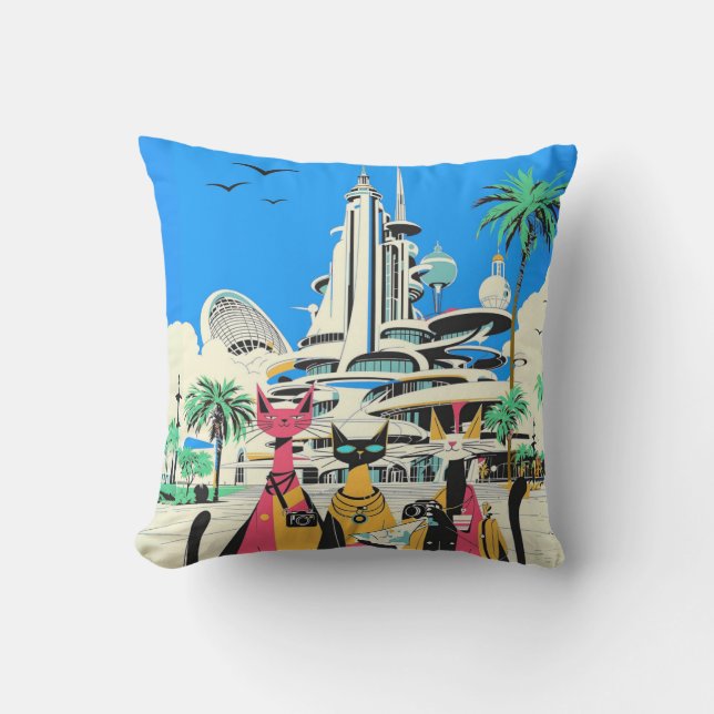 Coussin Les chats en vacances visitent le futur (Recto)