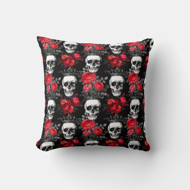 Coussin Les crânes couronnent et les roses rouges fanées s (Recto)
