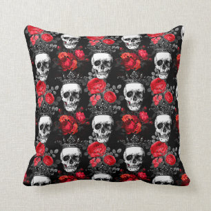 Coussin Les crânes couronnent et les roses rouges fanées s