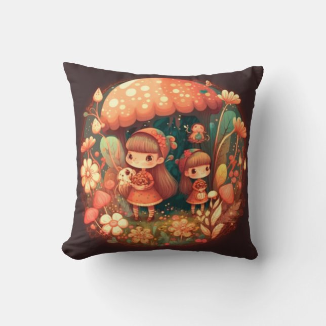 Coussin Les elfs de champignons dans le champ jettent l'or (Recto)