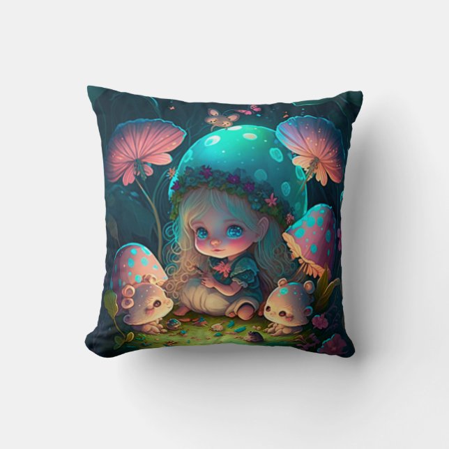 Coussin Les elfs de champignons dans le champ jettent l'or (Recto)