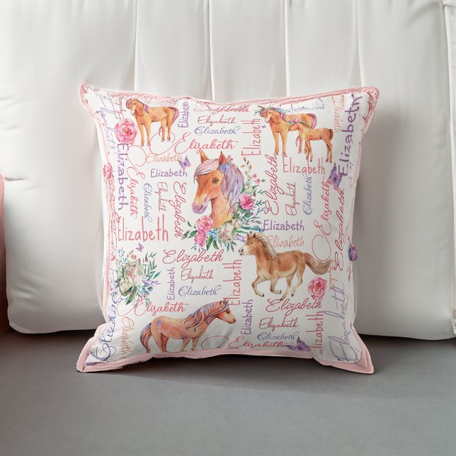 Coussin Les filles personnalisées nom collage avec poneys (Personalized girls name collage with ponies throw pillow)