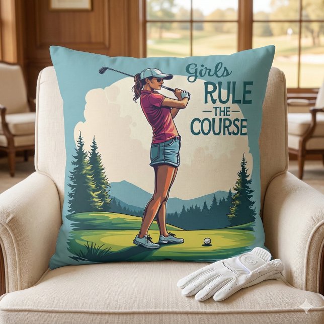 Coussin Les filles règnent sur l'illustration rétro de gol (Girls Rule the Course Retro Golf Illustration Throw Pillow Mockup A)