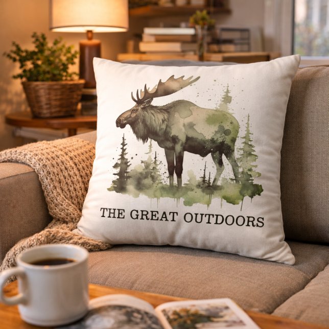 Coussin "Les Grands Espaces" Élan à l'aquarelle personnali (Créateur téléchargé)