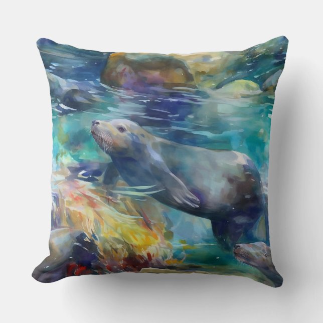 Coussin Les lions de mer nagent dans l'eau Turquoise (Recto)