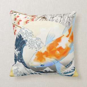 Coussin L'étang de Koi en or vintage de la culture japonai