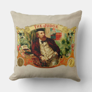 Coussin L'étiquette vintage de boîte à cigares de juge
