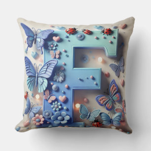 Coussin Lettre 3D lumineuse F avec papillons, coccinelles