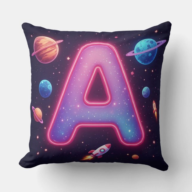 Coussin 🚀 Lettre A de l'alphabet cosmique Fusées Étoiles  (Recto)