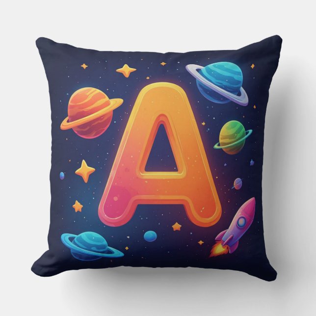 Coussin 🌌 Lettre A de l'espace fusée étoiles planètes enf (Recto)