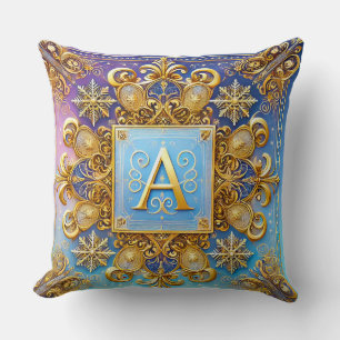 Coussin Lettre A dorée baroque Élégance de monogramme bleu