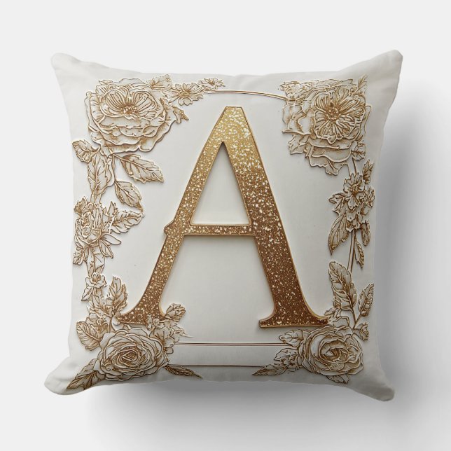 Coussin Lettre A dorée élégante avec des fleurs délicates (Recto)