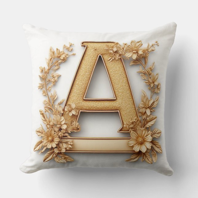 Coussin Lettre A dorée élégante avec des fleurs délicates (Recto)