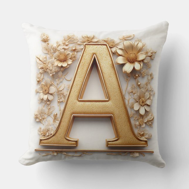 Coussin Lettre A dorée élégante avec des fleurs délicates (Recto)