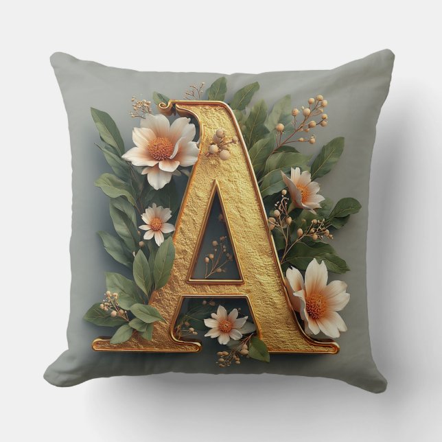 Coussin Lettre A dorée entourée d'arrangements floraux (Recto)
