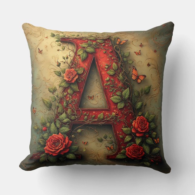 Coussin Lettre A rouge élégante entourée de roses (Recto)