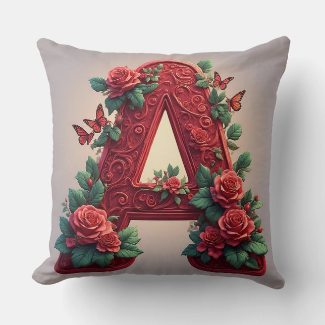 Coussin Lettre A Rouge Élégante Faite de Roses et de Vigne (Recto)