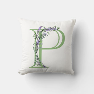 Coussin Lettre alphabétique P aquarelle Lavande Eucalyptus