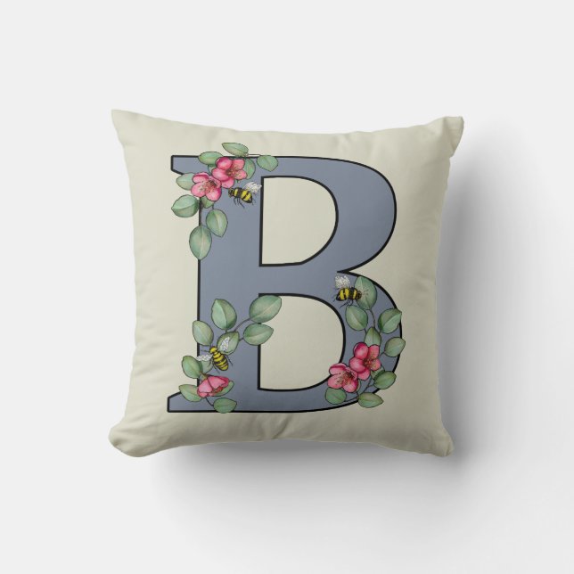 Coussin Lettre B Abeilles initiales décorées et fleurs (Recto)