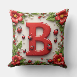 Coussin 🐞 Lettre B coccinelles rouges Pavots Perles