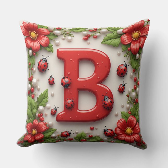 Coussin 🐞 Lettre B coccinelles rouges Pavots Perles (Recto)