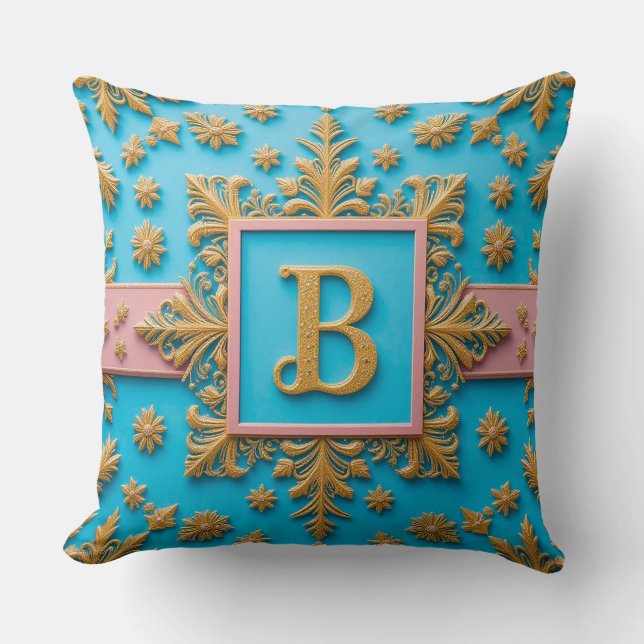 Coussin Lettre B dorée baroque Monogramme bleu Élégance ✨ (Recto)