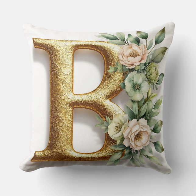 Coussin Lettre B dorée entourée d'arrangements floraux (Recto)