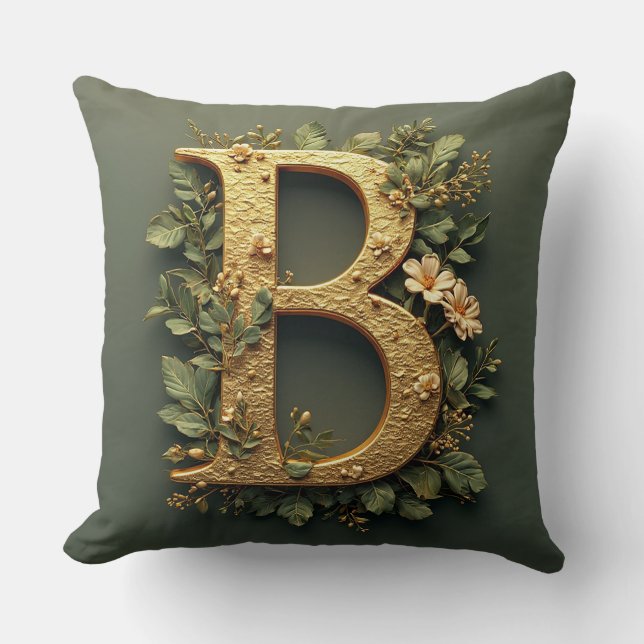 Coussin Lettre B dorée entourée d'arrangements floraux (Recto)