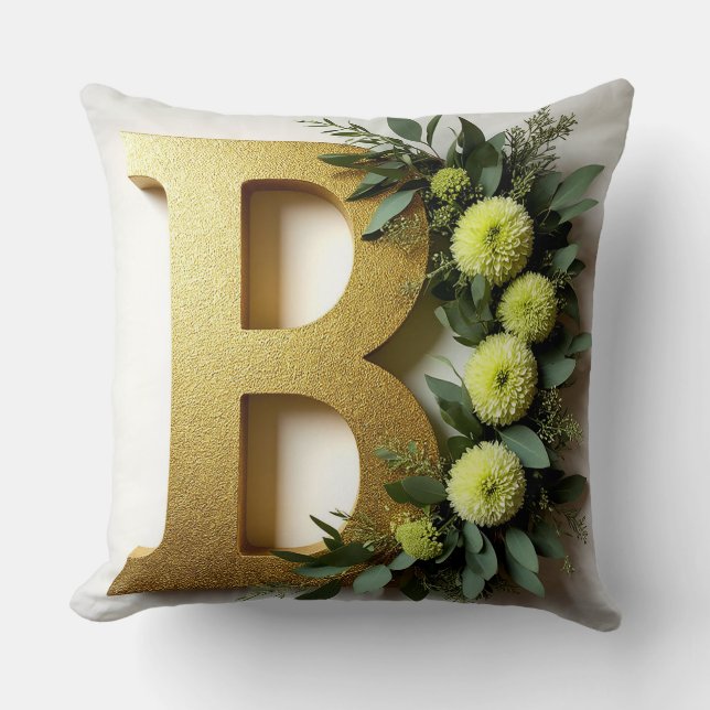 Coussin Lettre B dorée entourée d'arrangements floraux (Recto)