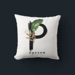 Coussin Lettre Boho P Monogramme Palm Feuille Tropical<br><div class="desc">Lettre personnalisable P monogramme coussin avec aquarelle feuille de palme tropicale, fausse feuille de feuille d'or et accents de brosse d'aquarelle noire. Personnalisez ce coussin de monogramme tropical en ajoutant votre nom ou d'autres détails. Ce coussin de monogramme de lettre de sauce P sera parfait comme cadeau. D'autres lettres sont...</div>