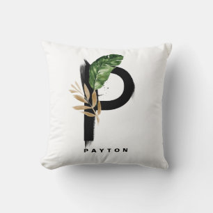Coussin Lettre Boho P Monogramme Palm Feuille Tropical