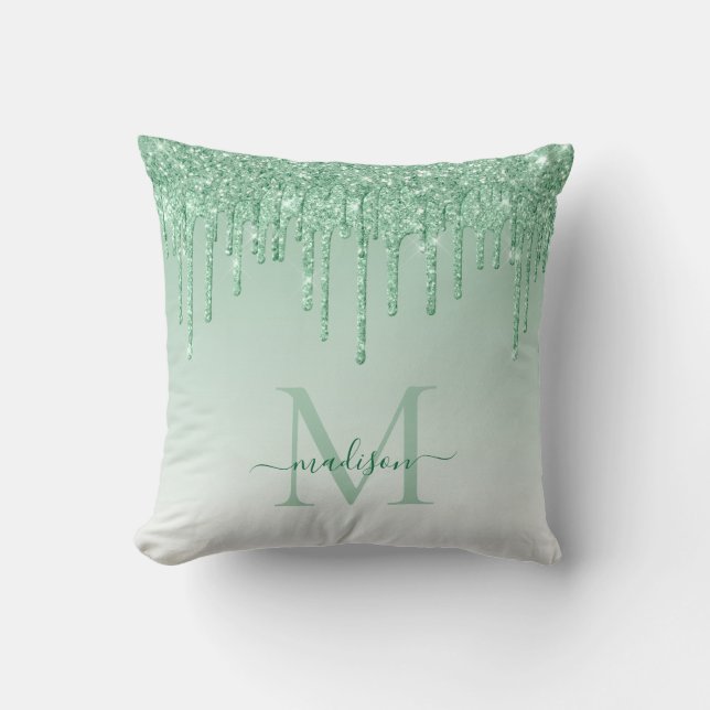 Coussin Lettre cursive de monogramme pailleté vert sarcell (Recto)