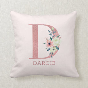 Coussin Lettre D Aquarelle rose Floral Monogram Nursery