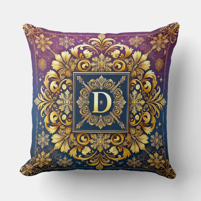 Coussin Lettre D dorée baroque Monogramme bleu Élégance ✨ (Recto)