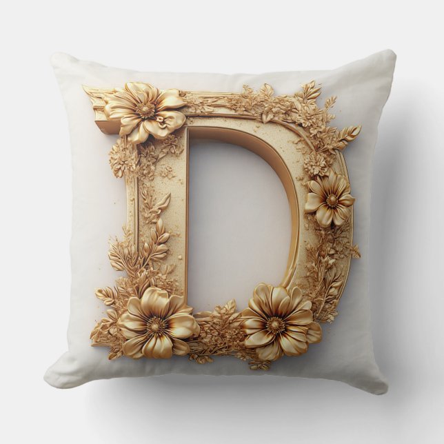 Coussin Lettre D dorée élégante avec des fleurs délicates (Recto)