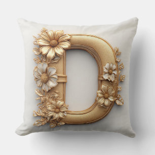 Coussin Lettre D Monogramme Décor Floral Doré 🌸