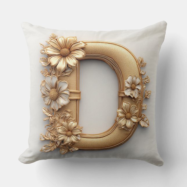 Coussin Lettre D Monogramme Décor Floral Doré 🌸 (Recto)