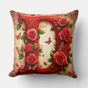 Coussin Lettre D rouge élégante par Roses et Papillon