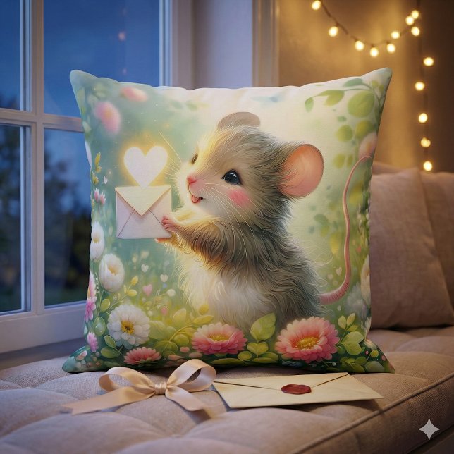 Coussin Lettre d'amour de souris de campagne Prairie (Cottage Mouse Love Letter Meadow Throw Pillow Mockup D)
